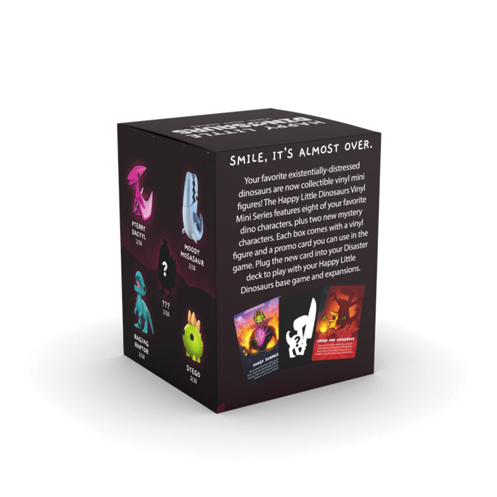 A cube-shaped black box featuring colorful illustrations and descriptions of Happy Little Dinosaurs: Vinyl Figure Series collectible mini figures, with "smile, it's almost over." printed on the top by Unstable Games.