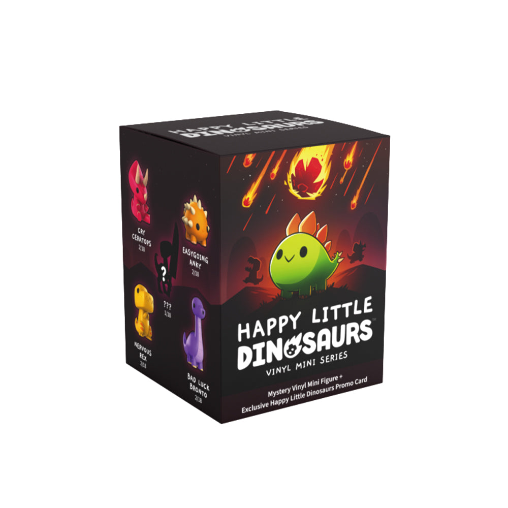 Box of "Happy Little Dinosaurs: Vinyl Figure Series" collectible vinyl mini figures, featuring colorful dinosaur illustrations and a promotional card detail by Unstable Games.