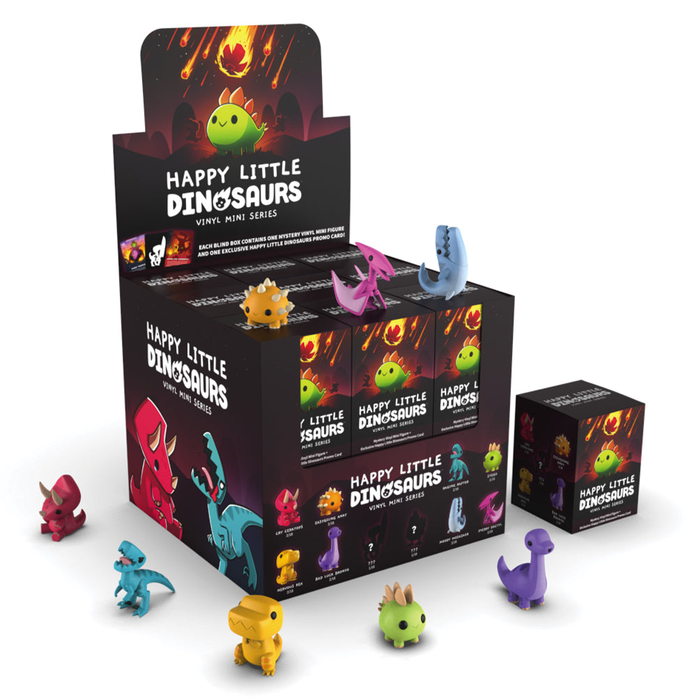 Display box of "Happy Little Dinosaurs: Vinyl Figure Series" toy series with collectible vinyl mini figures and packaged boxes arranged around.