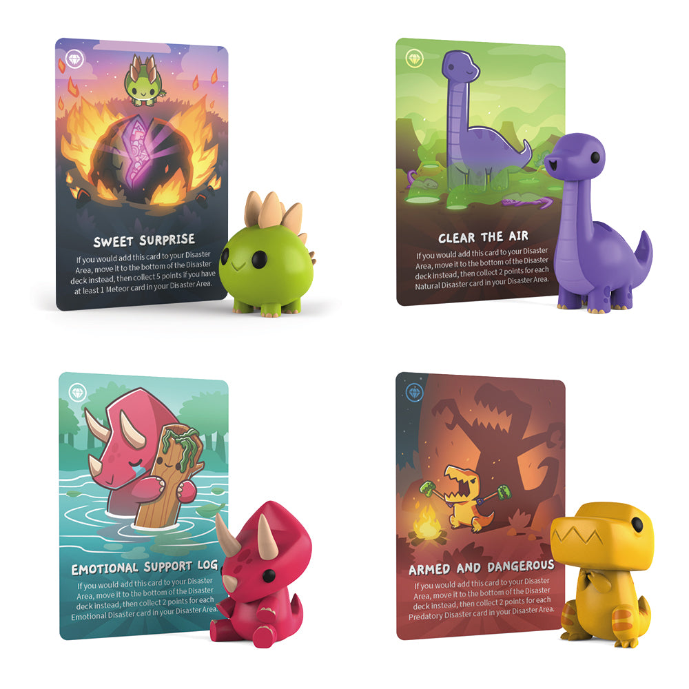 Four images of Happy Little Dinosaurs: Vinyl Figure Series mini figures depicting dinosaurs, with playing cards featuring different themes: space, nature, emotional support, and aggressive stance from Unstable Games.