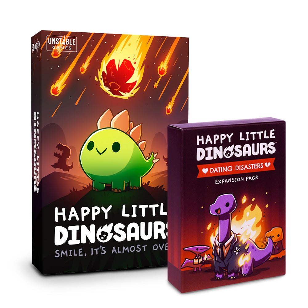 Board game and expansion pack titled "Happy Little Dinosaurs," depicting cartoon dinosaurs experiencing various disasters, with the Hazards Ahead Expansion by Unstable Games.