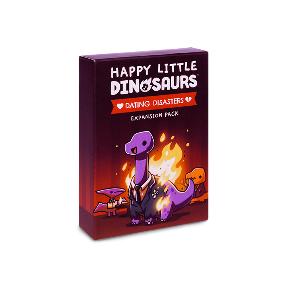 Box of Unstable Games' "Happy Little Dinosaurs: Dating Disasters" expansion pack featuring cartoon dinosaurs near a campfire on their first date.