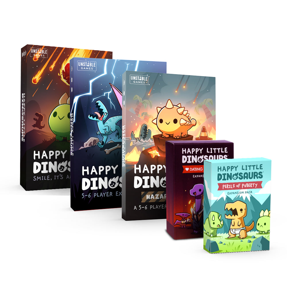A collection of "Happy Little Dinosaurs: Base Game + 4 Expansion Bundle" board game boxes by Unstable Games, featuring colorful cartoon dinosaur illustrations, including an expansion pack, displayed in a staggered arrangement.