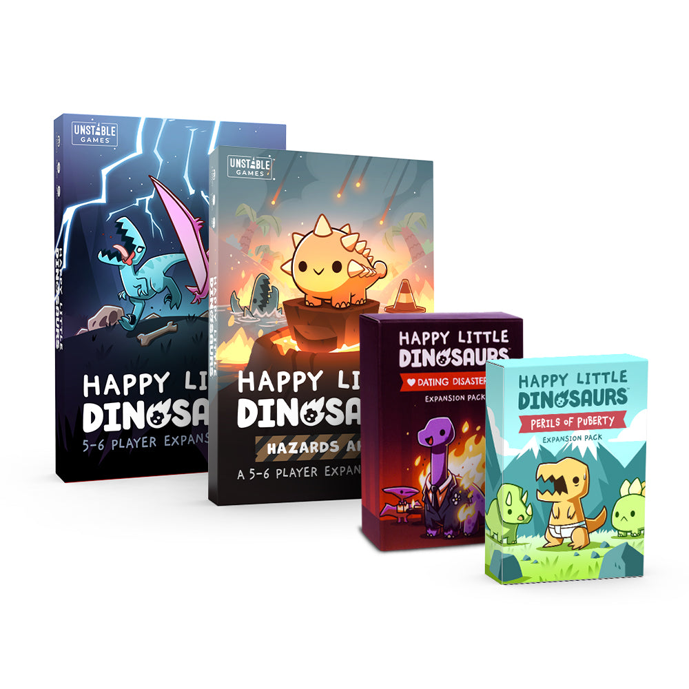 Four boxes of "Happy Little Dinosaurs: 4 Expansion Bundle" board game and expansion packs displayed, featuring colorful dinosaur illustrations, including the "Dating Disasters Expansion" and "Hazards Ahead Expansion" by Unstable Games.