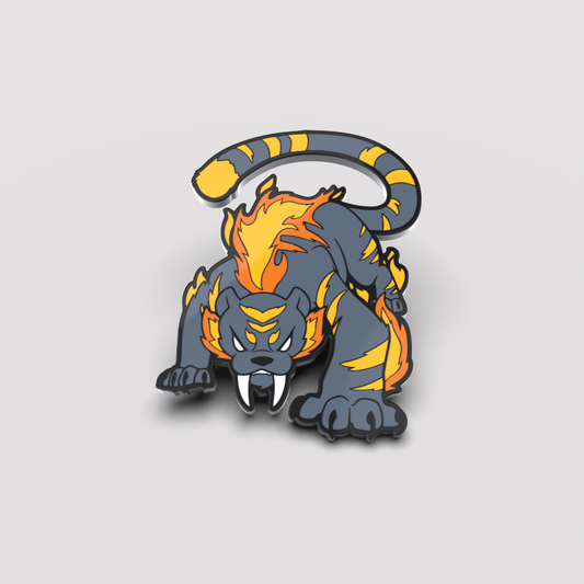 Illustration of a snarling Unstable Games Corrupted Sabretooth Pin with a fiery mane and tail, depicted in shades of orange, black, and gray on a light background.