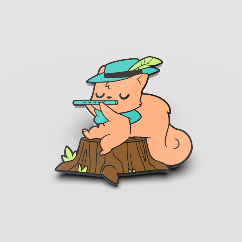 Mellow Dee Pin enamel pin of a peach-colored cat wearing a hat, playing a flute while sitting on a tree stump by Unstable Games.