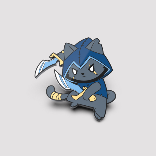 Illustration of a Meowzio Pin from Unstable Games dressed as a ninja with a dark blue outfit and holding two silver swords, looking determined.