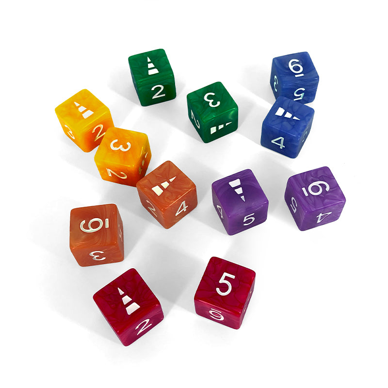 Colorful Here to Slay: 6-Class Dice Set dice scattered on a white surface, featuring numbers one through six on various visible sides. Brand name is Unstable Games.