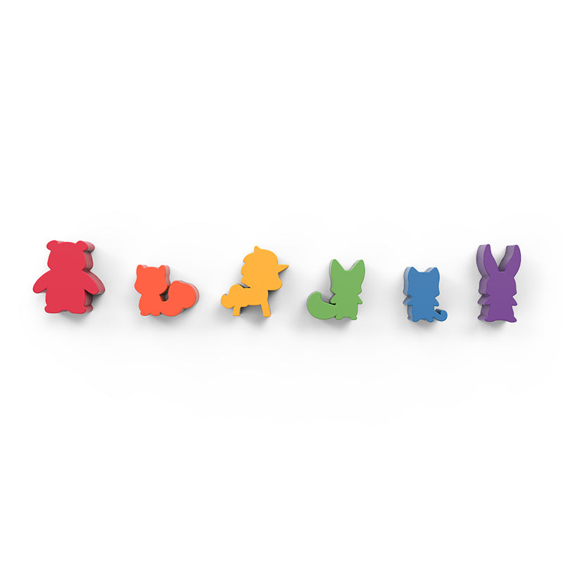 Six colorful animal-shaped figures are arranged in a row. The custom wooden meeples feature a bear, fox, lion, dragon, cat, and rabbit, each in a unique color: red, orange, yellow, green, blue, and purple. Here to Slay: 6-Class Meeple Set by Unstable Games is the perfect board game accessory for Here to Slay fans!