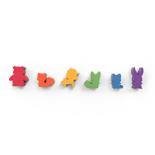Six colorful animal-shaped figures are arranged in a row. The custom wooden meeples feature a bear, fox, lion, dragon, cat, and rabbit, each in a unique color: red, orange, yellow, green, blue, and purple. Here to Slay: 6-Class Meeple Set by Unstable Games is the perfect board game accessory for Here to Slay fans!