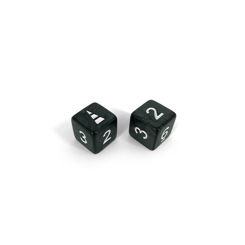 Two Here to Slay: Dragon Class Dice Set by Unstable Games with white numbers showing the values three and six on a white background.
