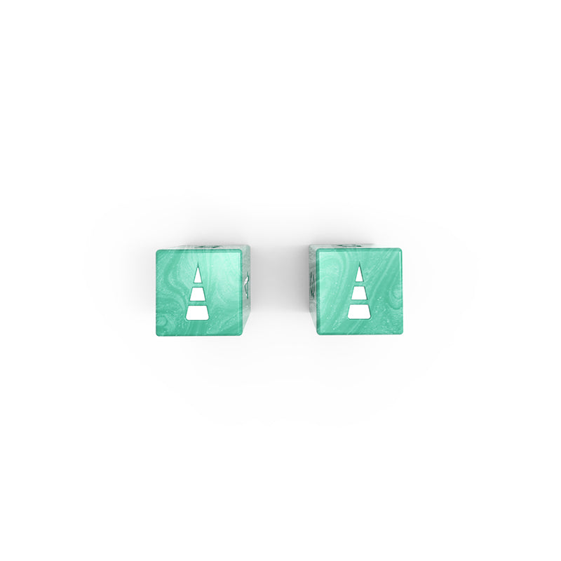 A pair of square, green gemstone cufflinks with a silver triangular inlay design from the Here to Slay: Warriors & Druids Dice Set, displayed on a white background by Unstable Games.