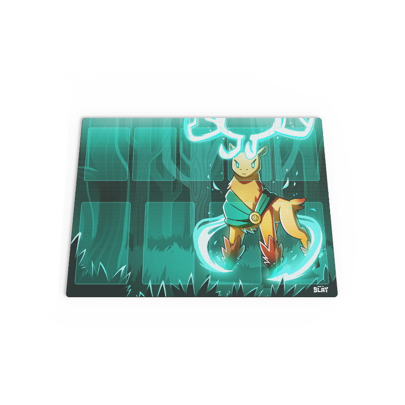 Illustration of an animated yellow electric-type creature with a tail shaped like a lightning bolt, standing in a forest surrounded by a glowing aura on Unstable Games' Here to Slay: Warriors & Druids Play Mat Set.