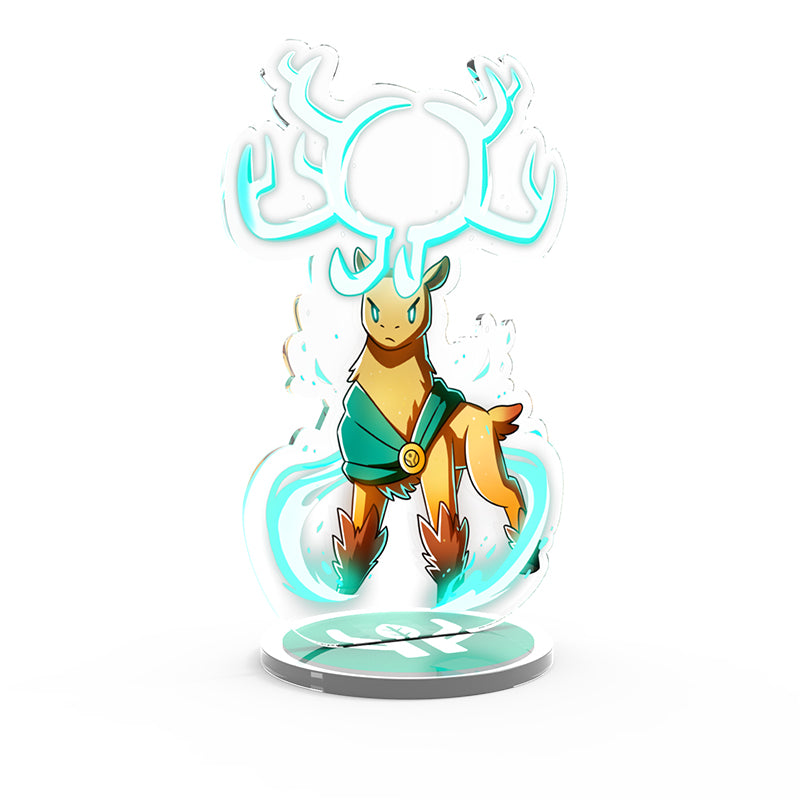 Illustration of a stylized cartoon deer with large, glowing antlers, wearing a green tunic, surrounded by swirling blue energy, standing on an Here to Slay: Warriors & Druids Expansion Standee Set from Unstable Games.
