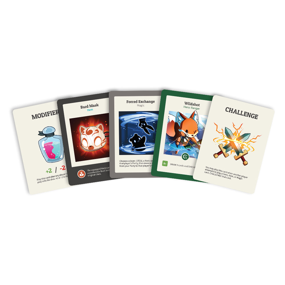 Five different "Here to Slay: Base Game" game cards spread out, each displaying unique artwork and text relating to game actions like "modifier," "bad-mask," "forced exchange," "wildshot," and.