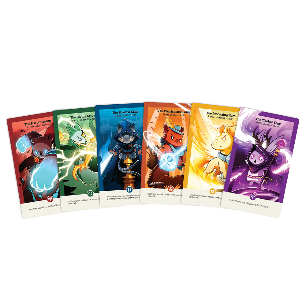 Five colorful superhero-themed playing cards from the role-playing game "Here to Slay: Base Game" by Unstable Games displayed in a row, each illustrating a unique animal character with vibrant backgrounds.