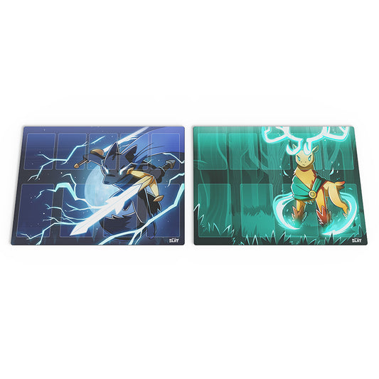 Two colorful play mats featuring animated Warrior and Druid characters: one depicts a blue warrior manipulating lightning, the other a green druid surrounded by magical orbs from the Here to Slay: Warriors & Druids Play Mat Set by Unstable Games.