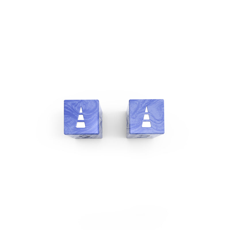Two blue dice from the Here to Slay: Warriors & Druids Dice Set, each with a white exclamation mark symbol, placed on a white background by Unstable Games.