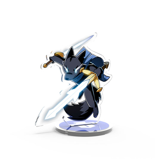 Illustration of a stylized black and blue fox-like character wielding a large sword, presented on an Unstable Games Here to Slay: Warriors & Druids Expansion Standee Set.