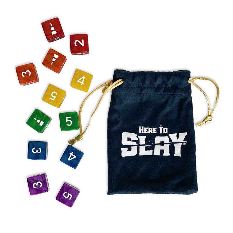 A black drawstring bag with the Here to Slay: 6-Class Dice Set surrounded by colorful D6 dice with numbers and symbols on a white background from Unstable Games.