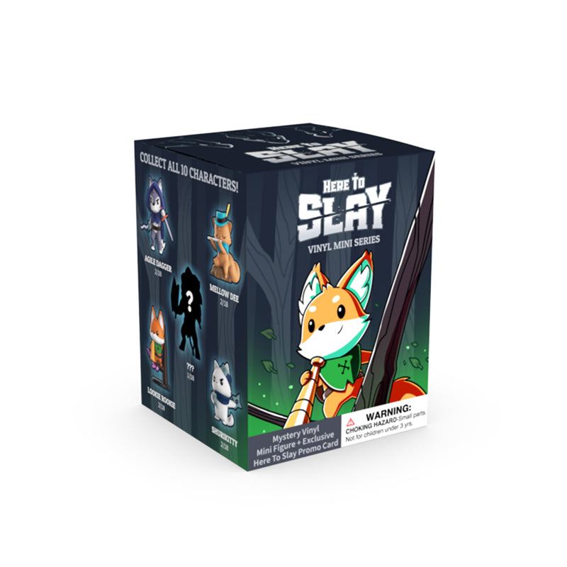 A box of "Here to Slay: Vinyl Mini Series" vinyl mini figures, featuring cartoon characters on the packaging by Unstable Games.