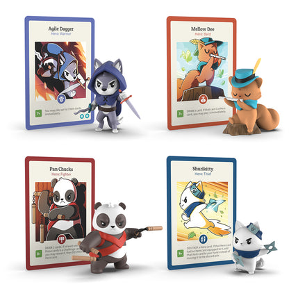 Four playing cards featuring holographic promo card with animated animal characters from Here to Slay: Vinyl Mini Series, each accompanied by a matching vinyl mini figure, displayed against a white background. (Brand Name: Unstable Games)