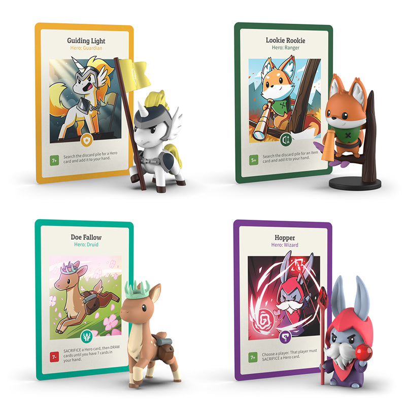 Four illustrated cards each paired with a corresponding Here to Slay: Vinyl Mini Figure: a wizardly cat, a rookie racoon, a deer druid, and a rabbit wizard from Unstable Games.