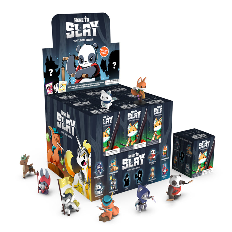 Display of Unstable Games' "Here to Slay: Vinyl Mini Series" card game and expansion packs with various vinyl mini figures arranged around the boxes.