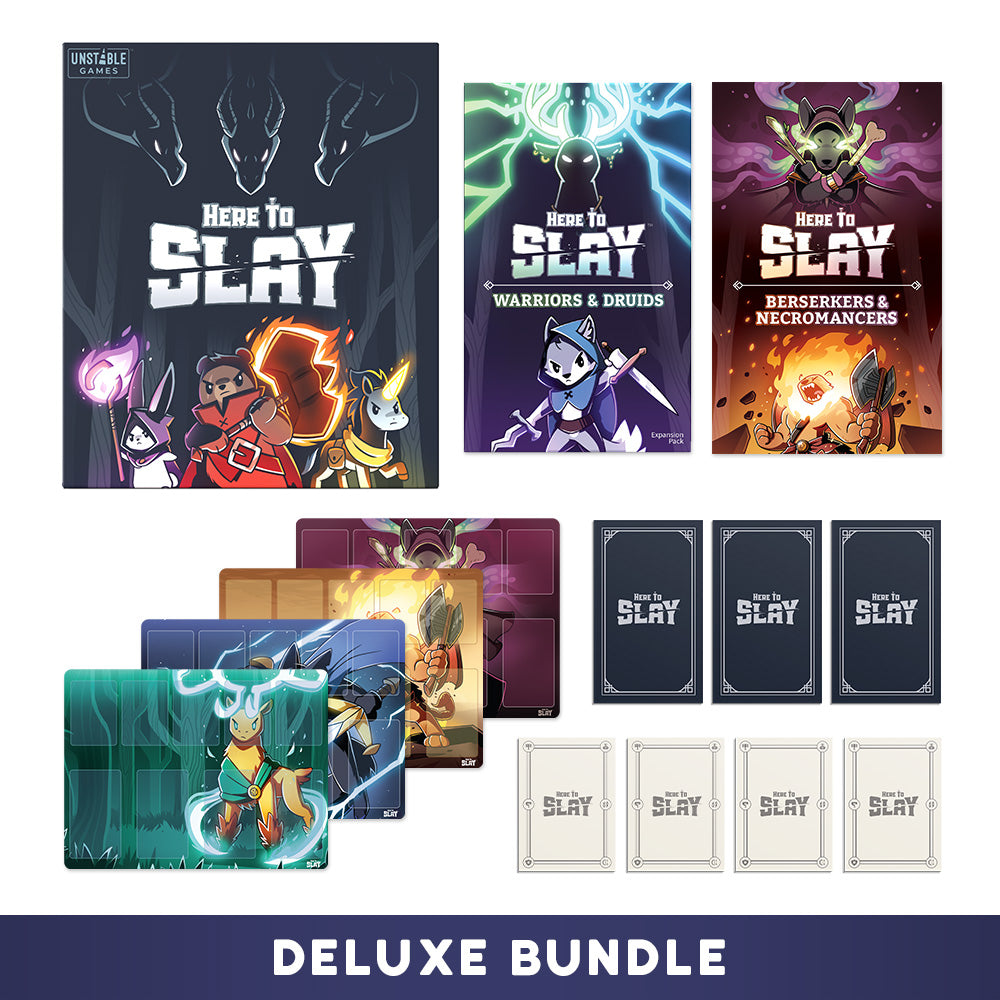 Image showcasing the "Here to Slay: Deluxe Bundle" by Unstable Games, which includes the main game box, two expansion packs ("Warriors & Druids" and "Berserkers & Necromancers"), character cards, and card sleeves.