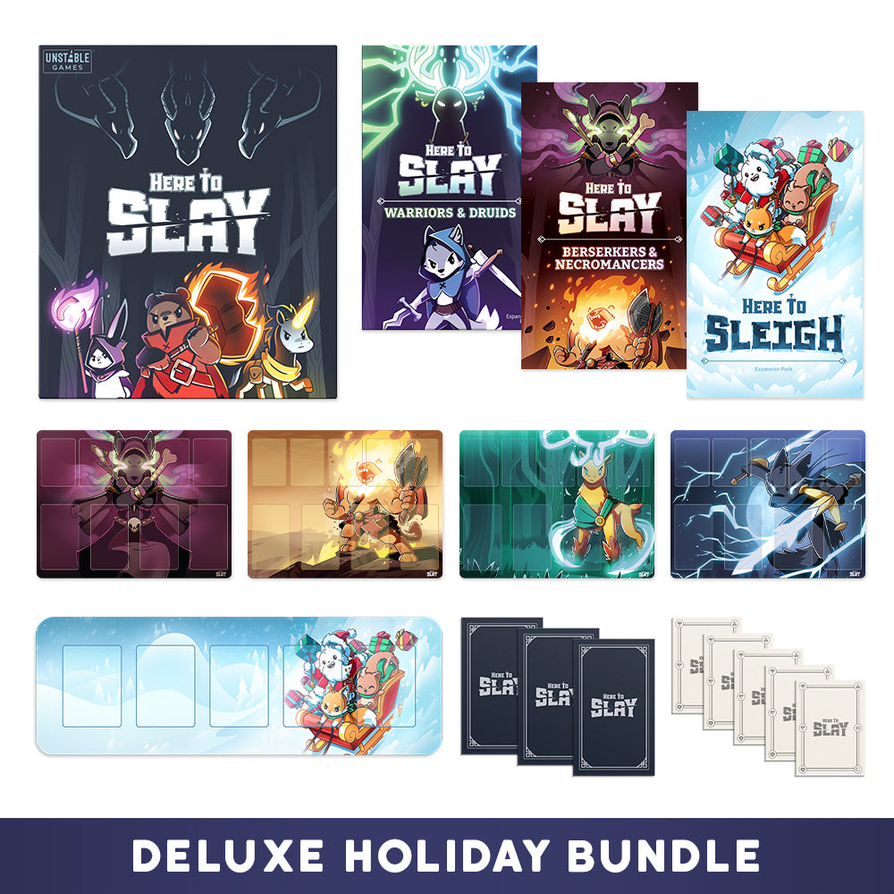 Presenting the Here to Slay: Deluxe Holiday Bundle by Unstable Games, featuring the Here to Slay role-playing card game, expansions for Warriors & Druids and Berserkers & Necromancers, Here to Sleigh game, card sleeves, and game mats. Ideal for fans of Unstable Unicorns!