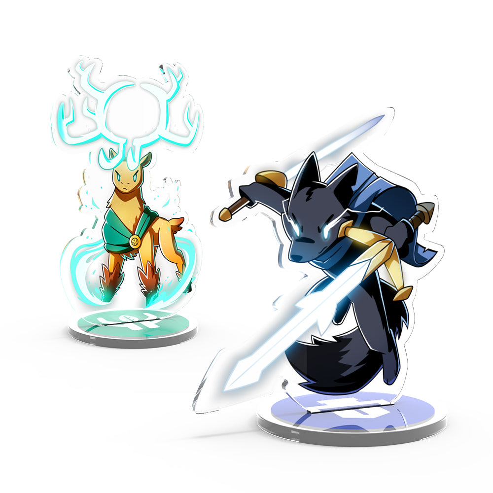 Animated characters resembling a deer and a fox from the "Here to Slay: Warriors & Druids Expansion Standee Set" engaged in a battle, with the deer generating an electric attack and the fox wielding a large glowing sword by Unstable Games.