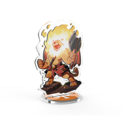 Illustration of a cartoon dwarf character in battle armor, wielding a sword and shield, with flames surrounding him from the "Here to Slay: Berserker & Necromancer Expansion Standee Set" by Unstable Games.