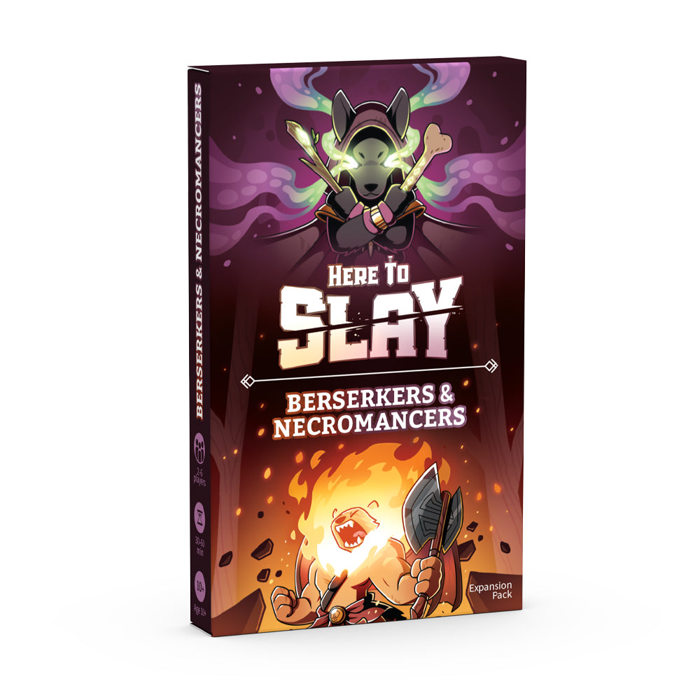 Here to Slay: Berserkers & Necromancers Expansion by Unstable Games featuring cartoon-style characters and party leaders in a fantasy setting.