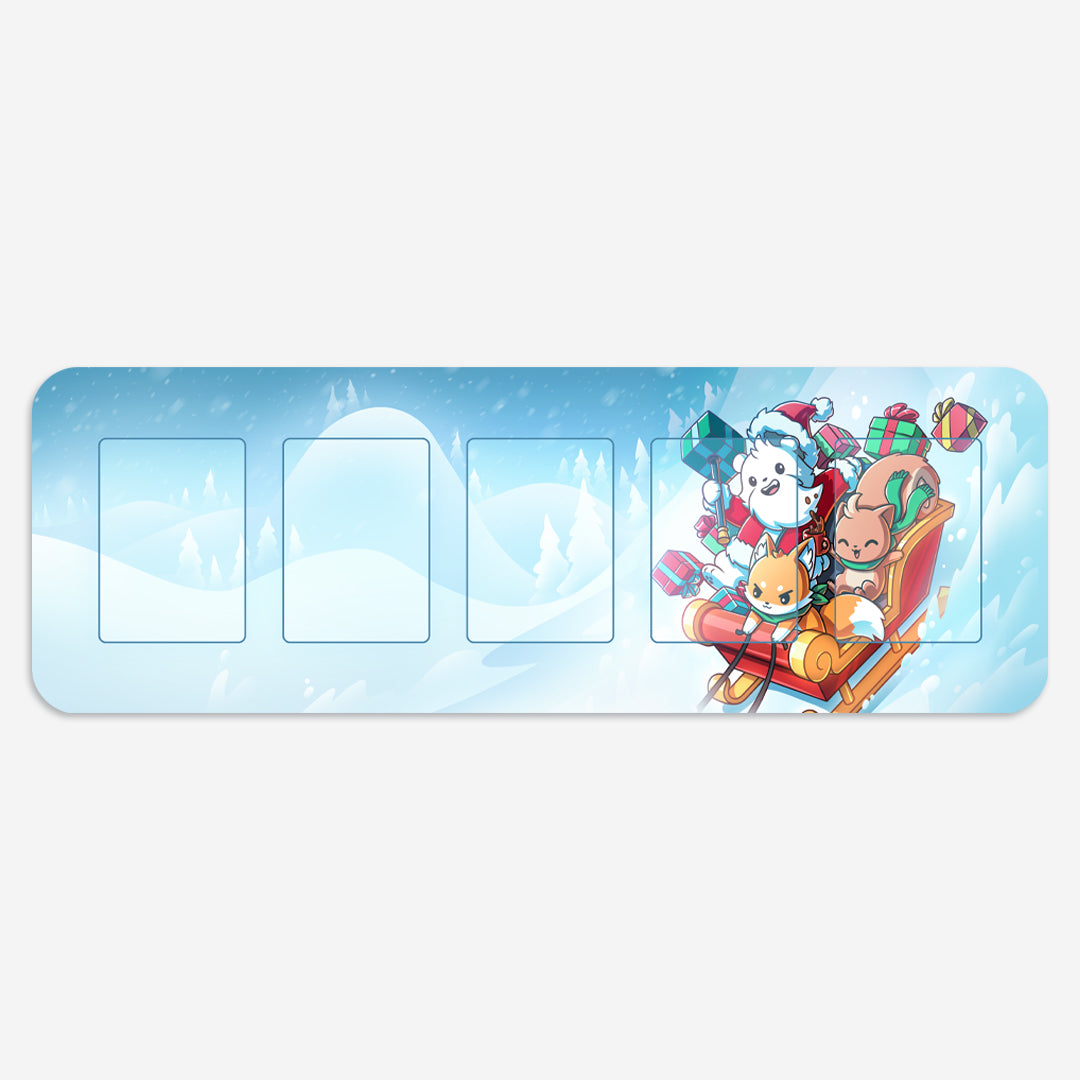 Illustration of a sled with penguin and polar bear wearing accessories, holding presents, sliding past snowy landscape on the Unstable Games Here to Slay: Here to Sleigh Expansion Play Mat.