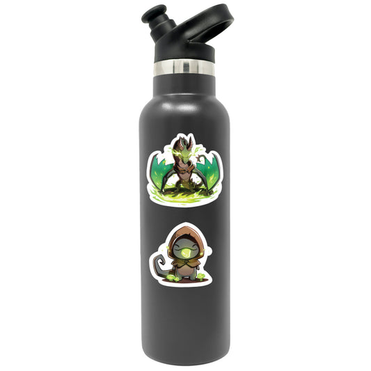 Black water bottle with a sports cap, adorned with two Haze Greentongue & Haze the Devastator stickers in a playful design, isolated on a white background. (Brand: Unstable Games)