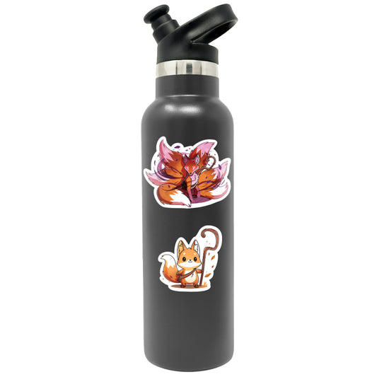 Black water bottle with a sports cap, adorned with the Kit Gale & Kit the Turbulent Sticker Set stickers featuring cartoon foxes in orange, white, and purple colors by Unstable Games.