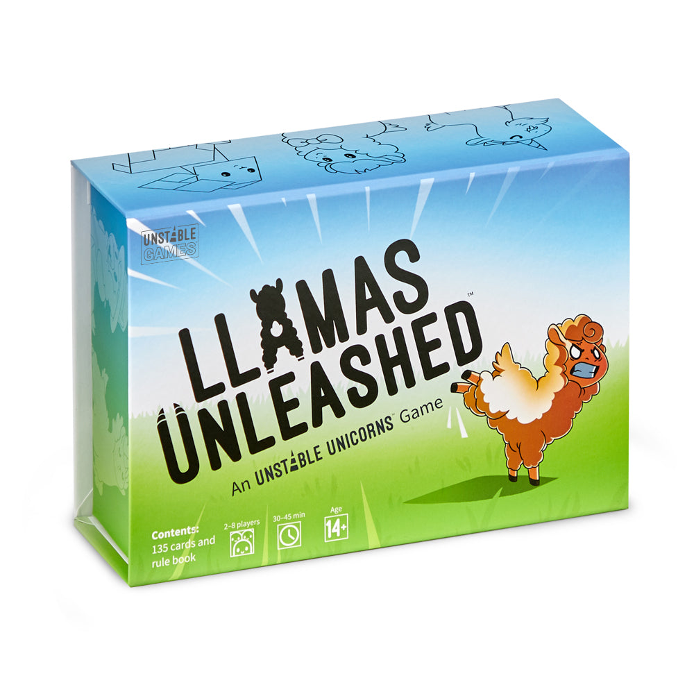 A barnyard-themed party game, "Llamas Unleashed: Base Game," featuring a cartoon llama on the front, by Unstable Games, suitable for players aged 14 and older.