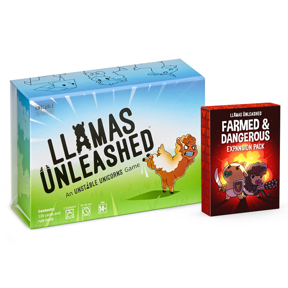 Two party games, "Llamas Unleashed: Base Game + Farmed & Dangerous Expansion Bundle" and its expansion pack "Farmed & Dangerous," displayed side by side with fun, cartoonish artwork on the boxes.