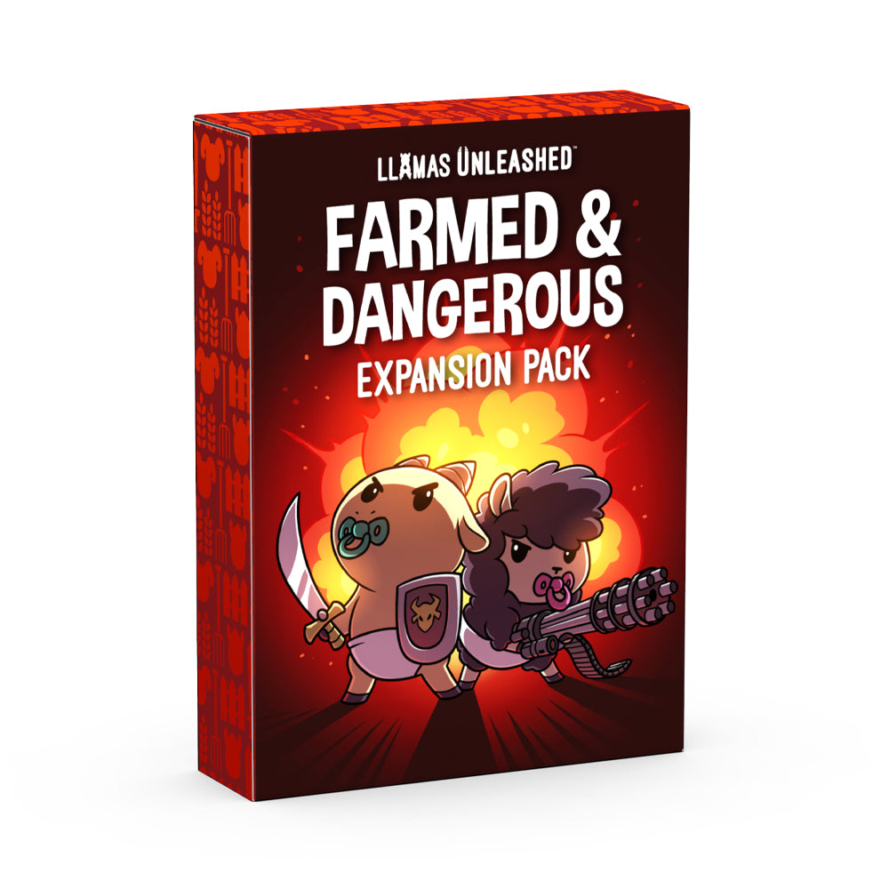A board game expansion pack from Unstable Games titled "Llamas Unleashed: Farmed & Dangerous Expansion," featuring cartoon llamas with weapons on a red cover with an explosion background.