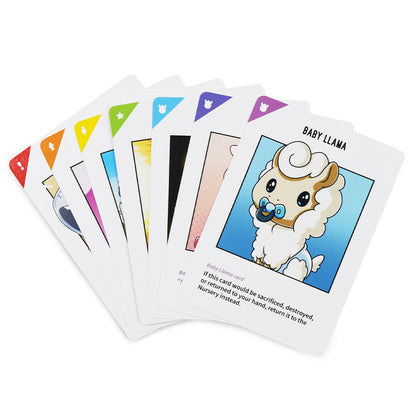 A fan of colorful playing cards spread out, featuring a "baby llama" card with a cartoon llama from the barnyard-themed party game, Llamas Unleashed: Base Game, and game instructions by Unstable Games.