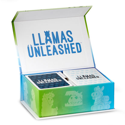 A box of "Llamas Unleashed: Base Game" card game, open to show cards inside, with cartoon llama illustrations on a blue and green background. This barnyard-themed party game utilizes Unstable.