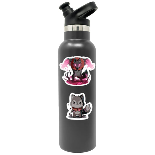 Black Nuzzle Thornwood water bottle adorned with two Unstable Games - Nuzzle the Savage Sticker Set stickers, one angry and one cheerful, made of water-resistant vinyl, isolated on a white background.