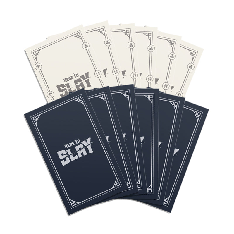 A spread of Unstable Games' "Here to Slay" game cards, both front and back designs visible, arranged in a fan shape with Here to Slay: Oversized Card Sleeves protecting each card.