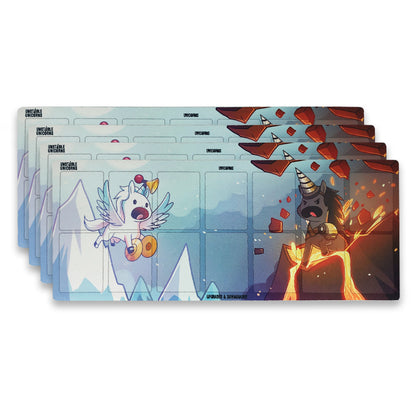 A series of comic-style playing cards depicting a white bird superhero and a black cat villain in a dynamic battle scene with breaking rocks and intense expressions on an Unstable Unicorns: Fire & Ice play mat by Unstable Games.