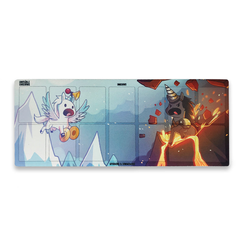 Extended Unstable Unicorns: Fire & Ice Play Mat featuring a cartoon-style comic panel with a white unicorn on ice and a black unicorn from the Unicorn Army on fire, in dynamic, confrontational poses by Unstable Games.
