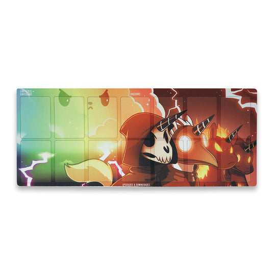 A colorful Unstable Unicorns: Rainbow Apocalypse play mat featuring a cartoon-style dragon and a knight in a dynamic battle scene, with vibrant background elements like lightning by Unstable Games.