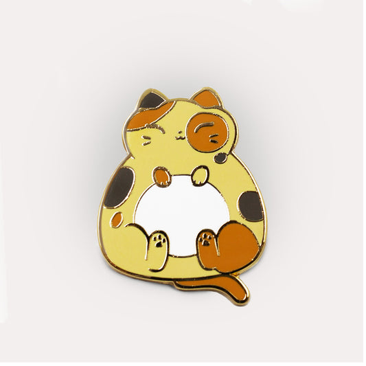 Enamel pin featuring a cartoon-style Calico Cat Pin giving a belly rub to a smaller brown cat, set against a plain white background by Unstable Games.