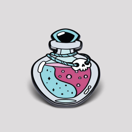 Illustration of a Unstable Games Skull Potion Bottle Pin with colorful liquid, depicted against a plain gray background.