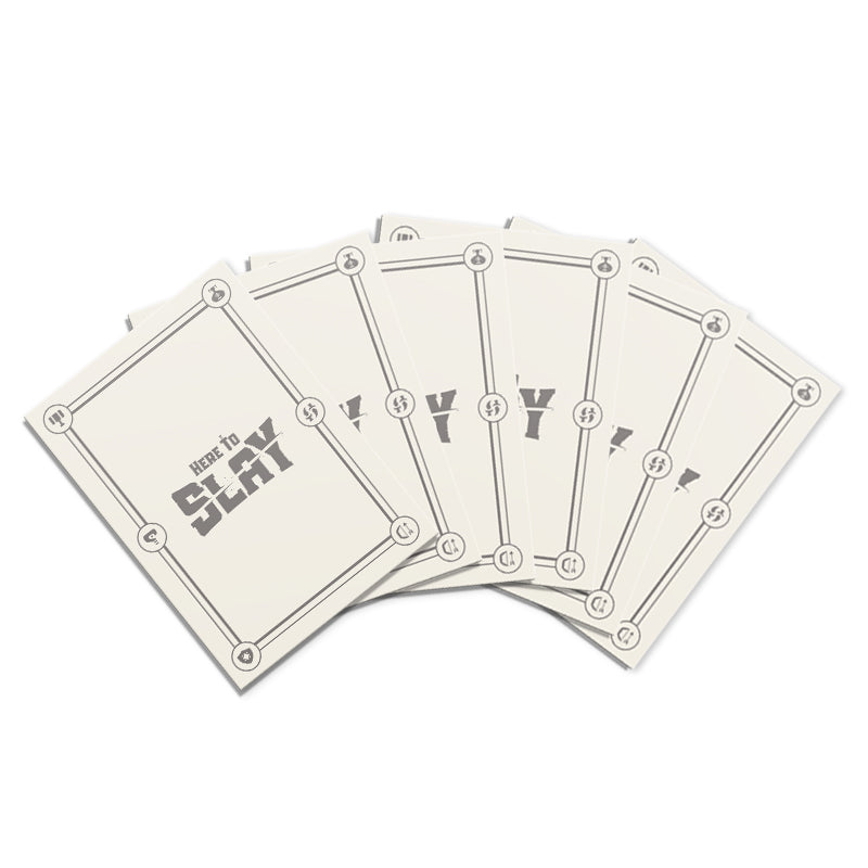 A pack of grey Here to Slay: Standard Size Card Sleeves by Unstable Games displayed on a white background.