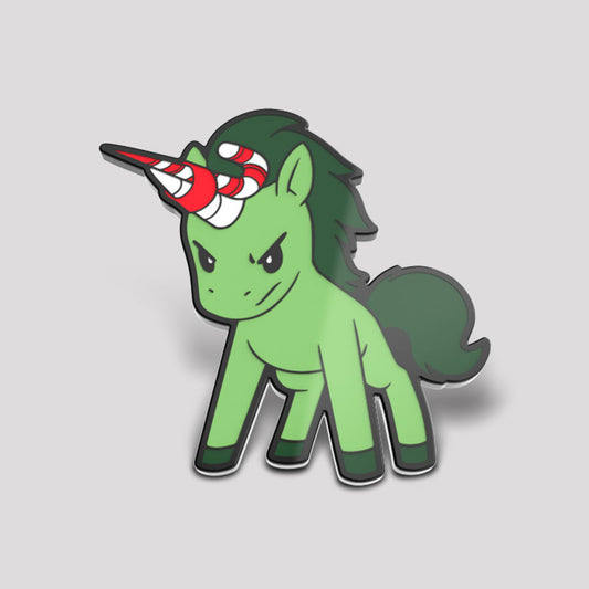 Illustration of a Sugar Crash Unicorn Pin with a red and white striped horn and a cheeky expression, set against a light grey background, perfect for enamel pins by Unstable Games.